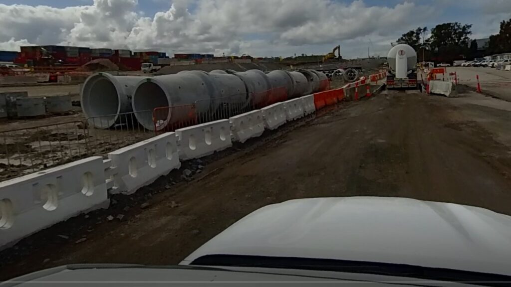 Image of actual construction site with several concrete pipes, view from mobile laser scanner mounted vehicle. This is the data to be scanned for developing material tracking system. 