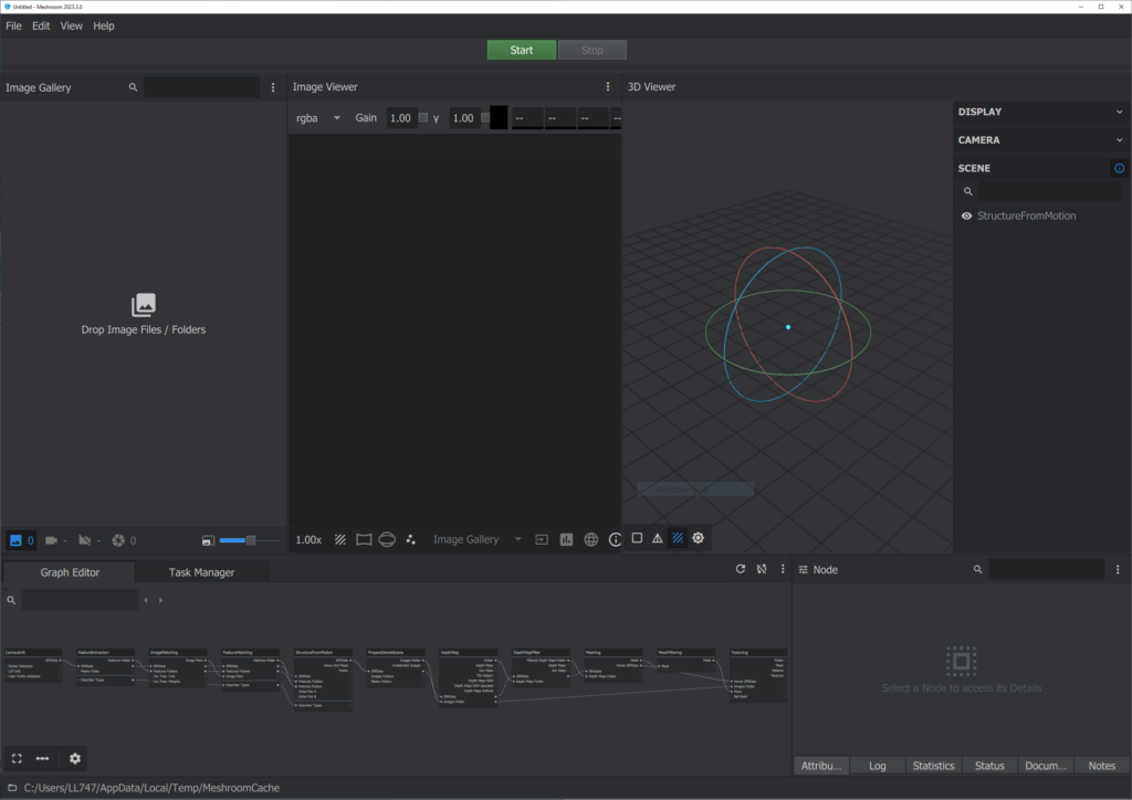 Meshroom dashboard for 3D point cloud generation