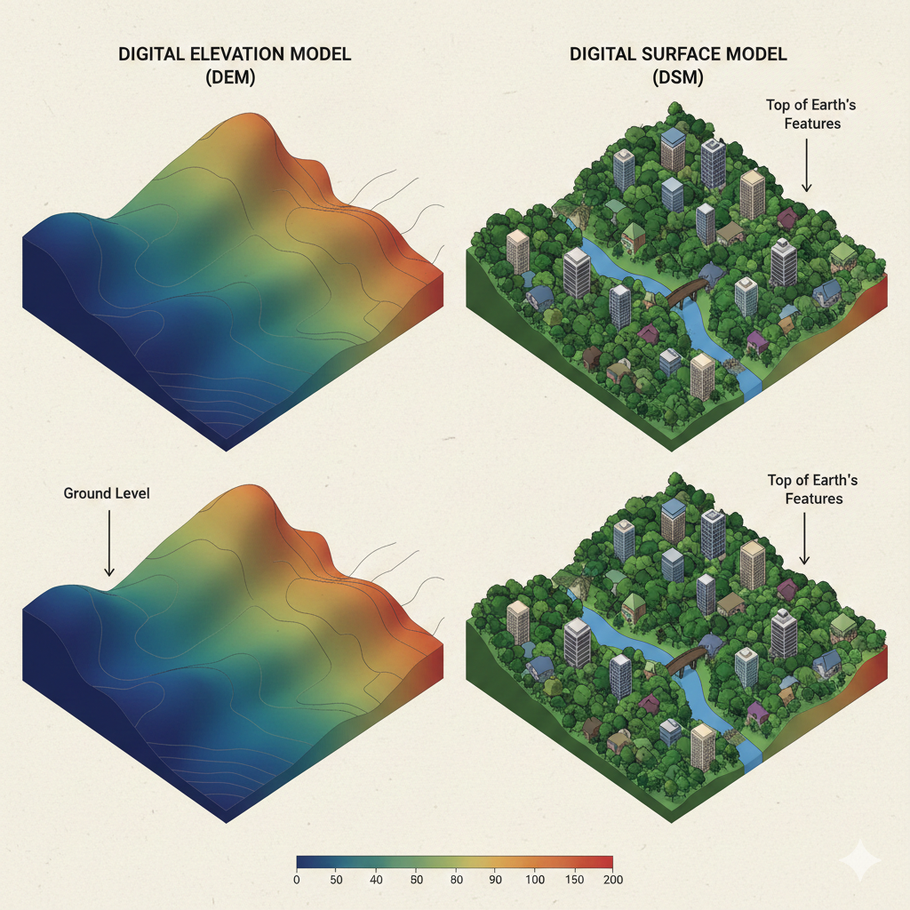 Differences between Digital elevation model and digital surface model